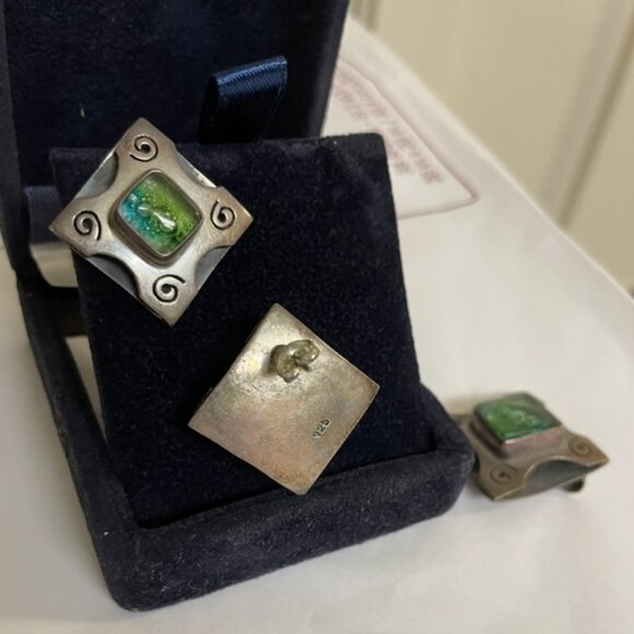 Vintage 925 Silver Pendant/Earring Set with Blue-Green Glass - Picture 3 of 4